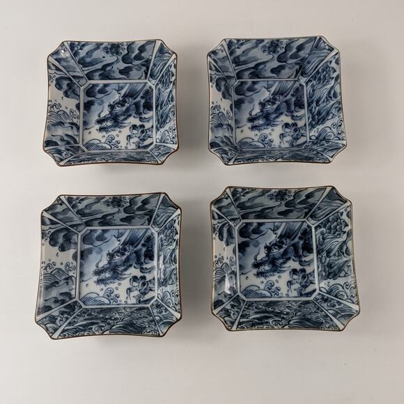 Fitz & Floyd Sea Dragon Bowls Lot 4 Chinoiserie Blue White Vtg 70s Fruit Sauce - Picture 2 of 9